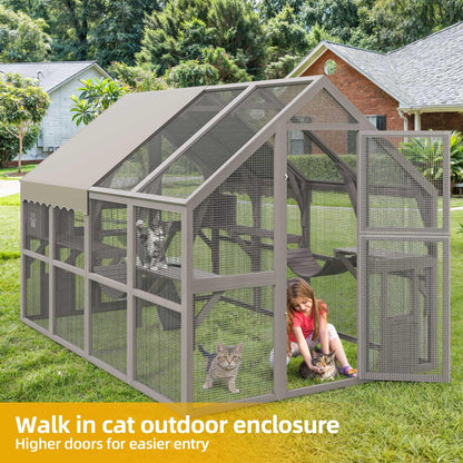 DWVO Extra Large Catio Outdoor Cat Enclosure, 110 inch Outside Cattery with Weatherproof Roof, Cat Scratcher Ramp, Cat Space Capsule Bed, 2 Bridges, 2 Resting Houses, 7 Platforms - WoodArtSupply