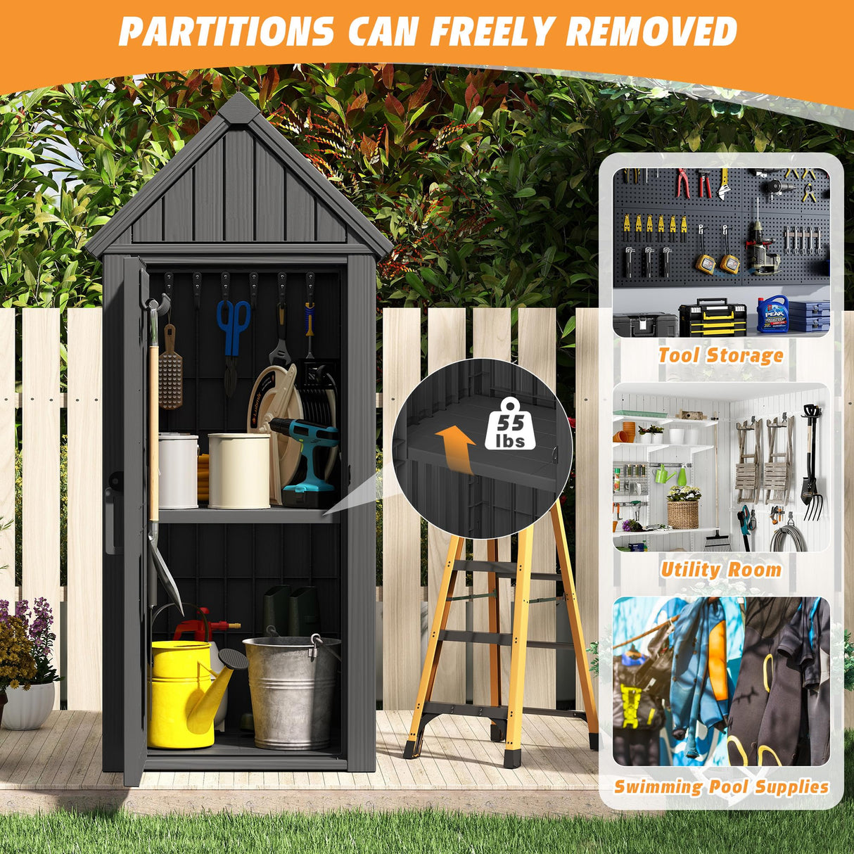 LHBcraft Shed Outdoor Storage Shed with Sloping Roof and Lockable Door, Resin Outdoor Storage Box Cabinet Waterproof and Multiple Hooks for Backyard, Patio, Poolside, Black LHBcraft