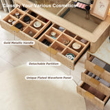 T4TREAM Makeup Vanity Desk with 36" HD Lighted Mirror, 48" Big Modern Vanity Desk with Mirror and Lights, Dressing Table with 5 Drawers & Shelves, Glass Top for Bedroom (Natural Oak) T4TREAM