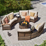 MEISSALIVVE 9 Piece Outdoor Patio Furniture Set, Half-Moon Curved Sectional Sofa Rattan Conversation Set with Wood Armrests, Coffee Table & Side Table（Brown） MEISSALIVVE