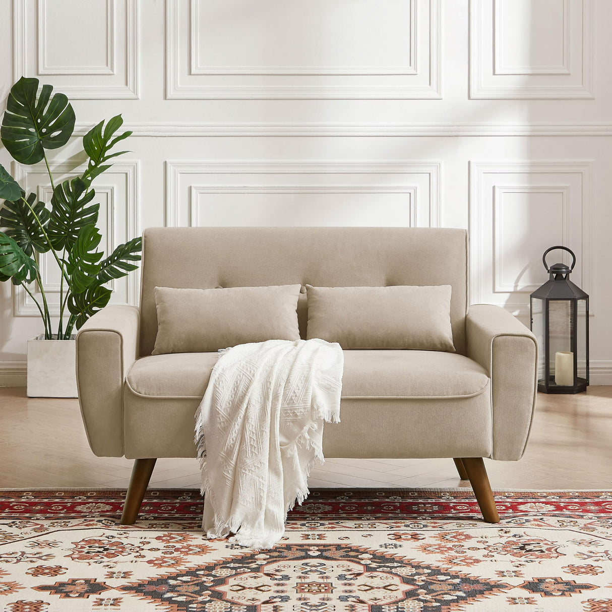 Jarenie 48.8" Small Loveseat Sofa, Mid Century Modern Love Seat Couch with Back Cushions and Wood Legs, 2 Seater Couches for Living Room, Bedroom, Small Spaces, Beige Jarenie
