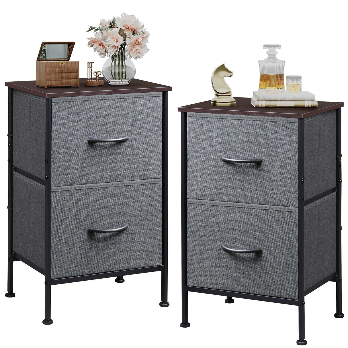 WLIVE Night Stand Set 2, Dresser and Nightstand Sets, Nightstands for Bedroom with 2 Fabric Drawer, End Tables Bedroom Furniture Set, Closet, College Dorm, Dark Grey, Size L WLIVE