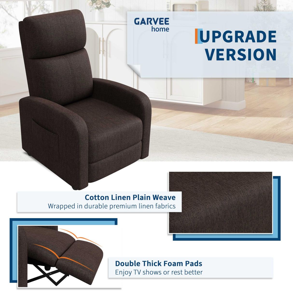 Garvee Recliner Chair for Adults, Lazy Recliner Ergonomic Adjustable Single Sofa Enhanced with Side Pocket, Tall Back, Wide Arms & Padded Seat, Home Theater Seating for Living Room Garvee