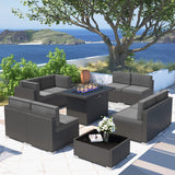 Vakollia 10 Pieces Patio Furniture Set with 44" Propane Gas Fire Pit Table, Outdoor Sectional Wicker Conversation Sofa Sets with Coffee Table Vakollia