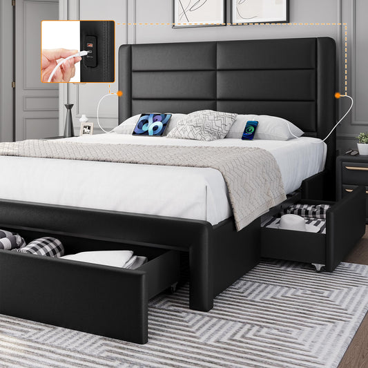 Yaheetech Leather Upholstered Full Size Bed Frame with USB Ports and Storage Drawers in Black - WoodArtSupply