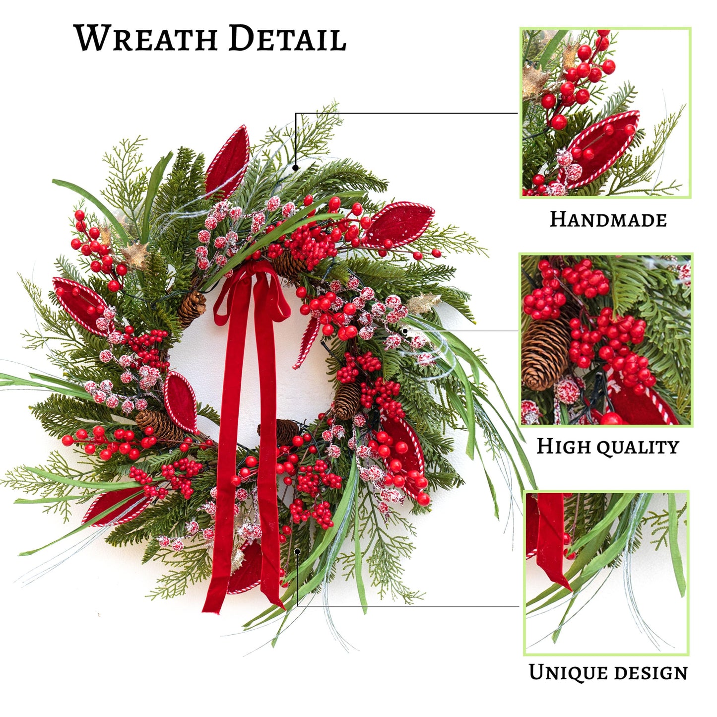 Pre-lit Christmas Wreath with Lights,Outdoor Christmas Wreaths for Front Door-22 Inch Xmas Door Wreath with Pine Needles Pine Cones and Red Berries- Farmhouse Home Christmas Decorations