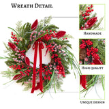 Pre-lit Christmas Wreath with Lights,Outdoor Christmas Wreaths for Front Door-22 Inch Xmas Door Wreath with Pine Needles Pine Cones and Red Berries- Farmhouse Home Christmas Decorations ArcadiaArt