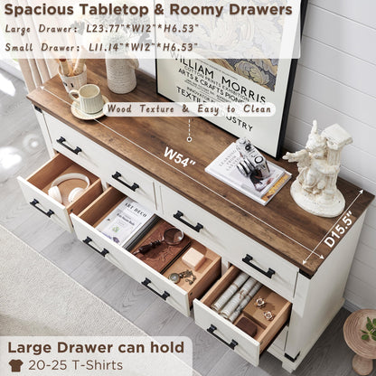 Farmhouse 7 Drawer Dresser for Bedroom - Wood Large Dressers & Chests of Drawers for Closet, 54 Inch Wide Dresser TV Stand with Storage for Bedroom, Living Room, Antique White - WoodArtSupply