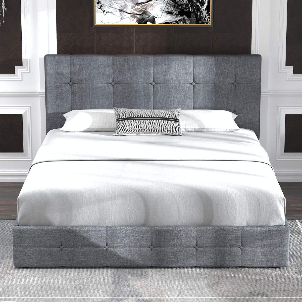 Allewie Light Grey Upholstered Full Size Platform Bed Frame with Adjustable Headboard & 4 Storage Drawers Allewie