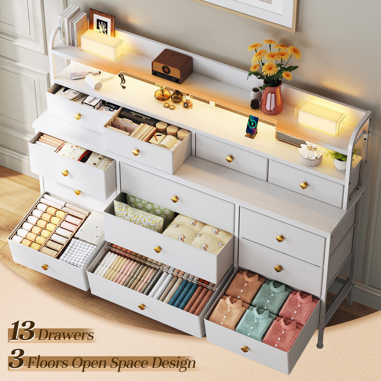 EnHomee 51.2" W White Dresser with 13 Drawers and LED Lights, White Dresser for Bedroom with Fabric Drawer, Long Dressers & Chests of Drawers, Dresser for Bedroom with Shelves for Closet EnHomee