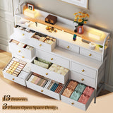EnHomee 51.2" W White Dresser with 13 Drawers and LED Lights, White Dresser for Bedroom with Fabric Drawer, Long Dressers & Chests of Drawers, Dresser for Bedroom with Shelves for Closet EnHomee