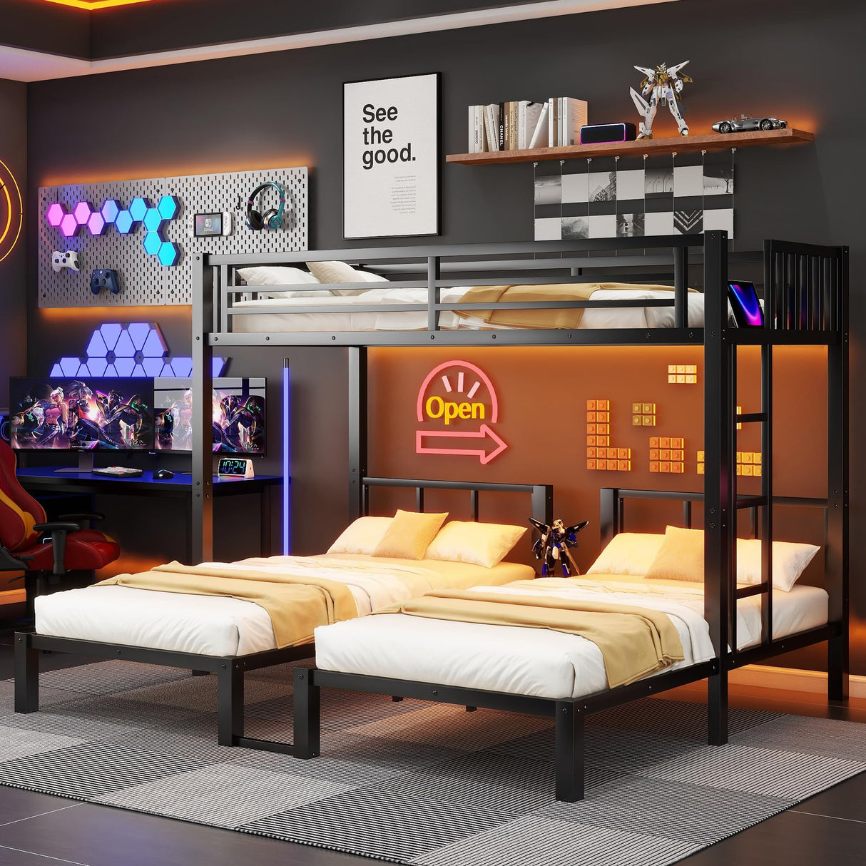 Triple Bunk Beds for Kids with LED Light, Heavy Duty Metal 3 Bunk Beds with Charge Station & Storage Shelf, Triple Bed for 3 Kids, Convertible Three Bunk Frame for Boys, Girls and Teens, Black Duxelifin