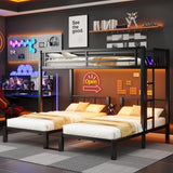 Triple Bunk Beds for Kids with LED Light, Heavy Duty Metal 3 Bunk Beds with Charge Station & Storage Shelf, Triple Bed for 3 Kids, Convertible Three Bunk Frame for Boys, Girls and Teens, Black Duxelifin