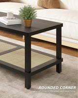YAUKOMEL Rattan Coffee Table for Living Room,2-Tier Wooden Center Table with Hand Made Rattan Decorated,39.3 Inch Living Room Tbale with Rounded Corners,Boho Coffee Table,Easy Assembly Black LCT55BK YAUKOMEL