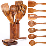 Mooues 9 Piece Natural Teak Wooden Kitchen Utensil Set with Spoon Rest - Comfort Grip Cooking Spoons and Utensils Holder Mooues