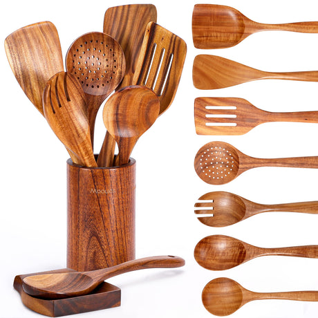 Mooues 9 Piece Natural Teak Wooden Kitchen Utensil Set with Spoon Rest - Comfort Grip Cooking Spoons and Utensils Holder Mooues