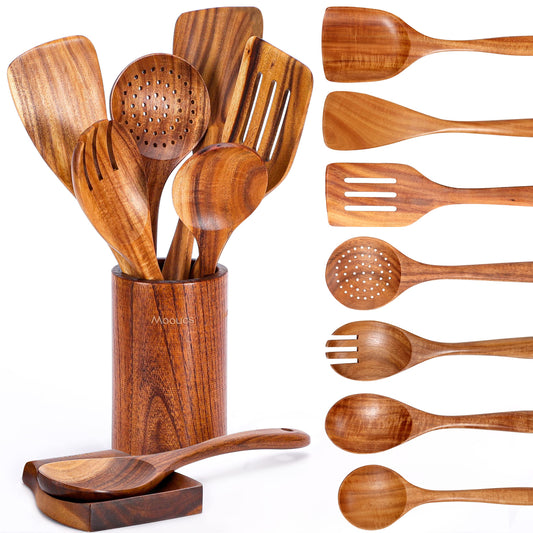 Mooues 9 Piece Natural Teak Wooden Kitchen Utensil Set with Spoon Rest - Comfort Grip Cooking Spoons and Utensils Holder - WoodArtSupply