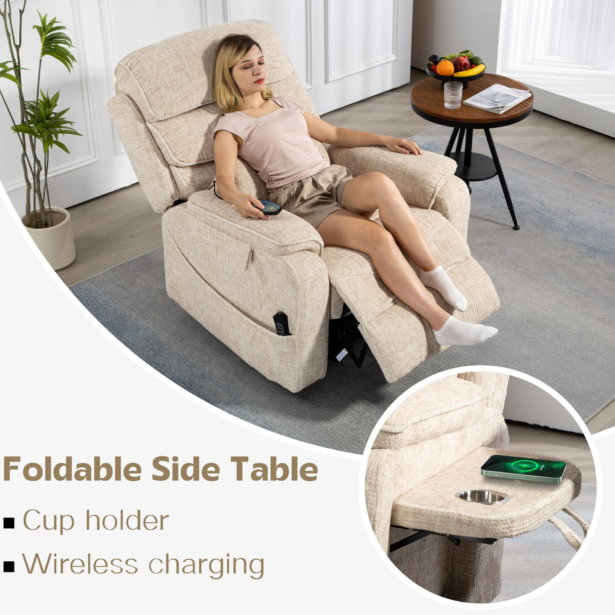 JIKFRIMA Power Lift Recliners Chairs for Elderly Adults Lay Flat Recliner with Heat & Massage, Wireless Charging Device, USB Ports, Cup Holder, Lumbar Pillow, 400Lbs (Velvet Fibric,Beige) JIKFRIMA