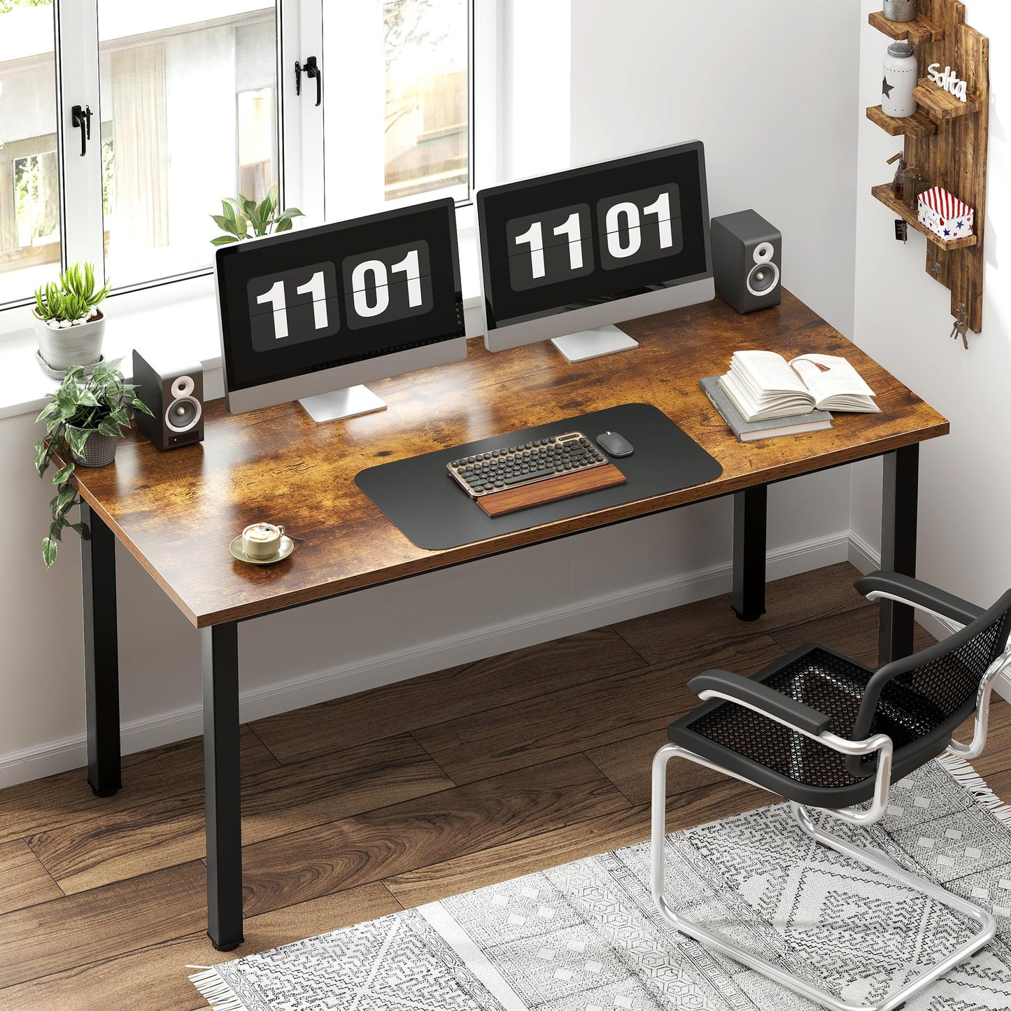 Need 55 Inch Large Computer Desk - Modern Simple Style Home Office Gaming Desk, Basic Writing Table for Study Student, Black Metal Frame, Rustic Brown