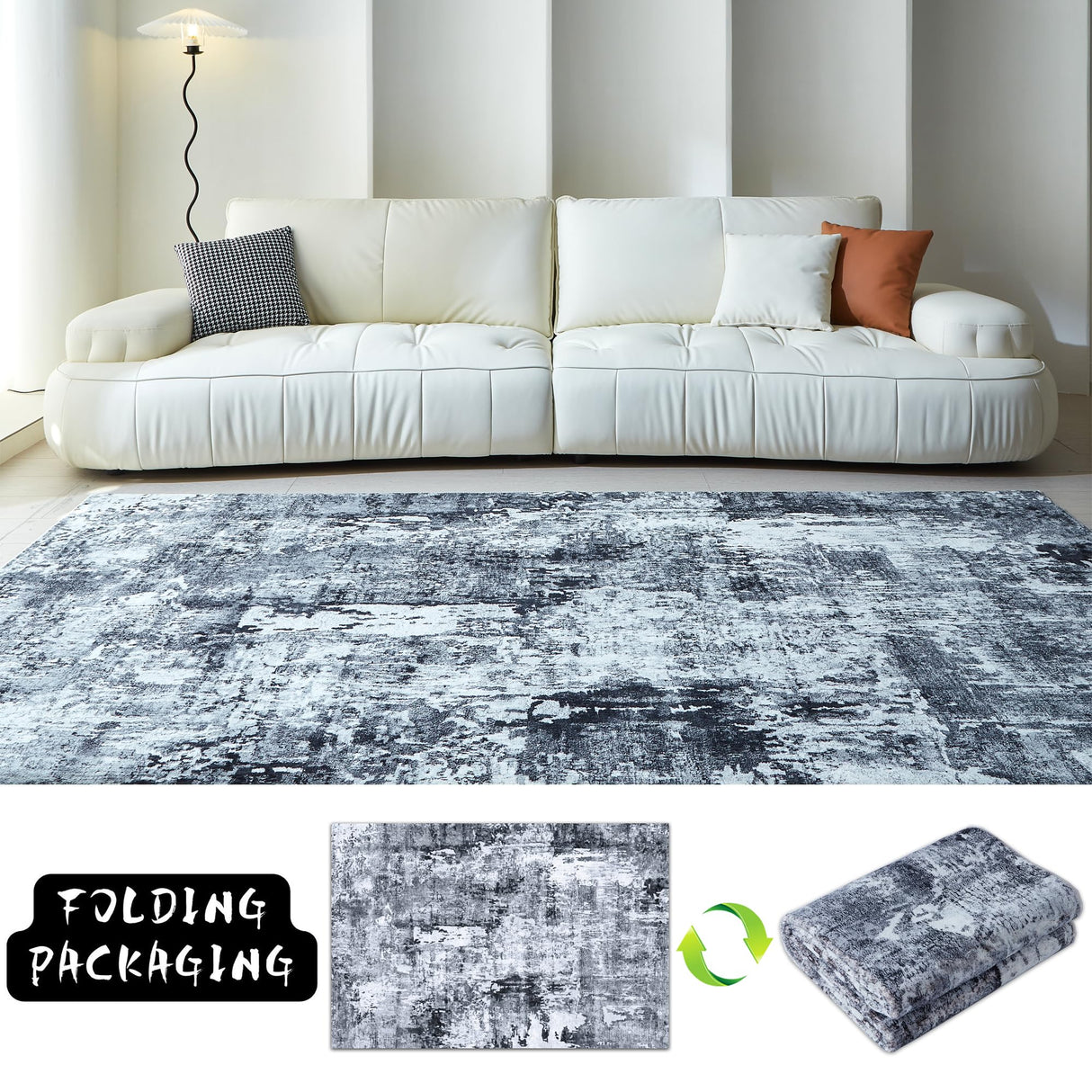 Rugcomf Area Rug 5x7 Washable Rug Boho Soft Abstract Pattern Non-Slip Faux Wool Vintage for Living Room, Bedroom, Farmhouse, Dining Room, Kids Playroom, Grey and Black Rugcomf