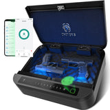 Biometric Gun Safe for Handgun, ≤0.1s Quick Access Pistol Safe 4-Ways Unlock APP/Fingerprint/Numeric Code/Key with Security Cable, Handgun Safe for Nightstand, Home, Bedside, Car - Aluminum Alloy OneTigris