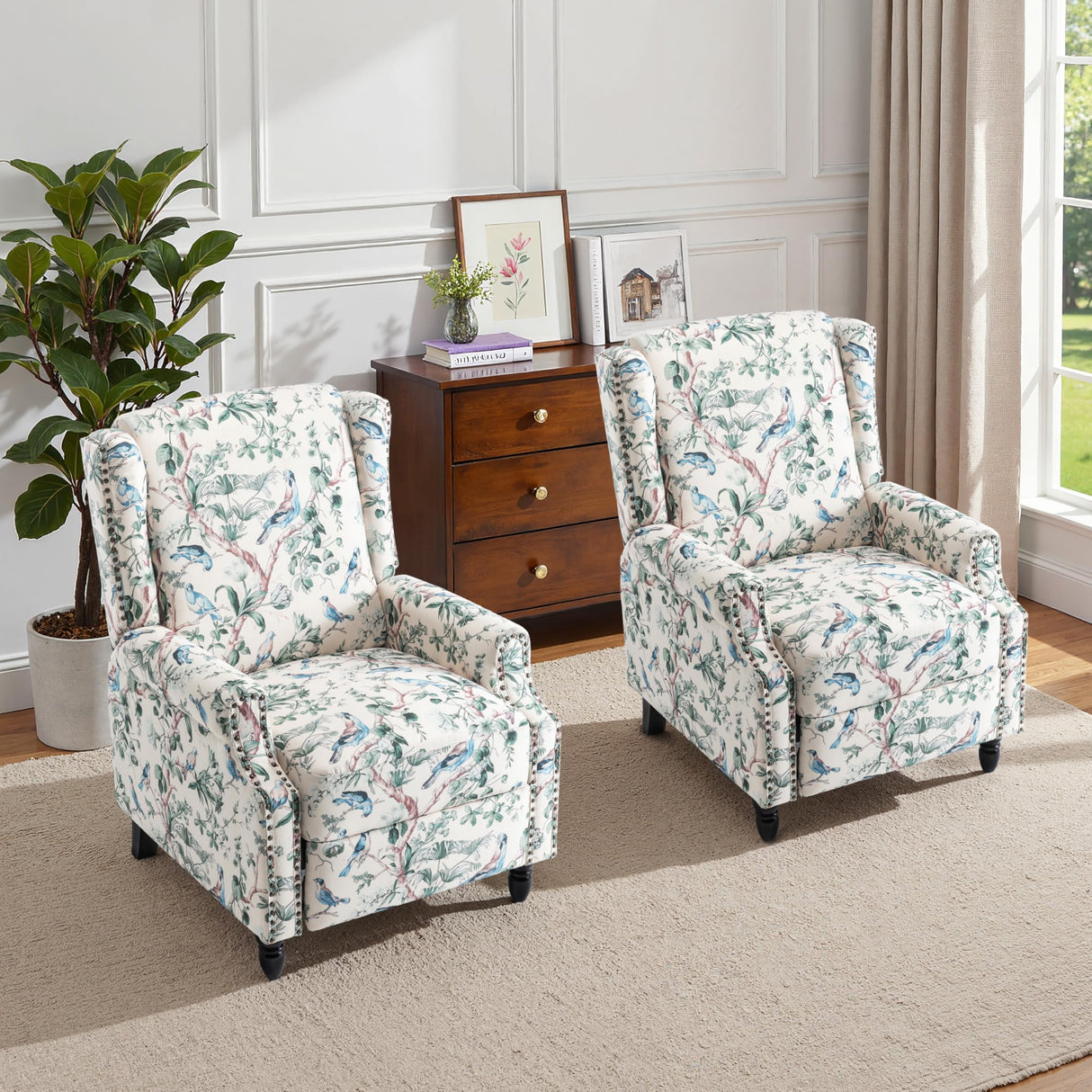 Wingback Recliner Chair, Floral Fabric Pushback Recliner Chair, Upholstered Armchair Push Back Recliner, Rivet Trim Single Sofa Accent Chair with Wood Legs for Living Room, Bird Lumibee