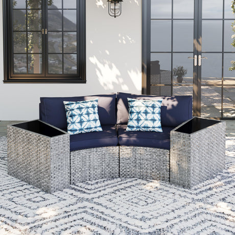 UDPATIO Patio Furniture Set Integrated Outdoor Sectional 4 Pieces Grey Rattan Modular Curved Sofa Set with Wicker Side Table,2 Pillows,Fit for Backyard,Pool,Balcony,Sunroom(Blue) UDPATIO