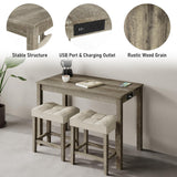 3-Piece Allamazing Natural Counter Height Bar Table Set with USB Ports and 2 Fabric Padded Stools allamazing
