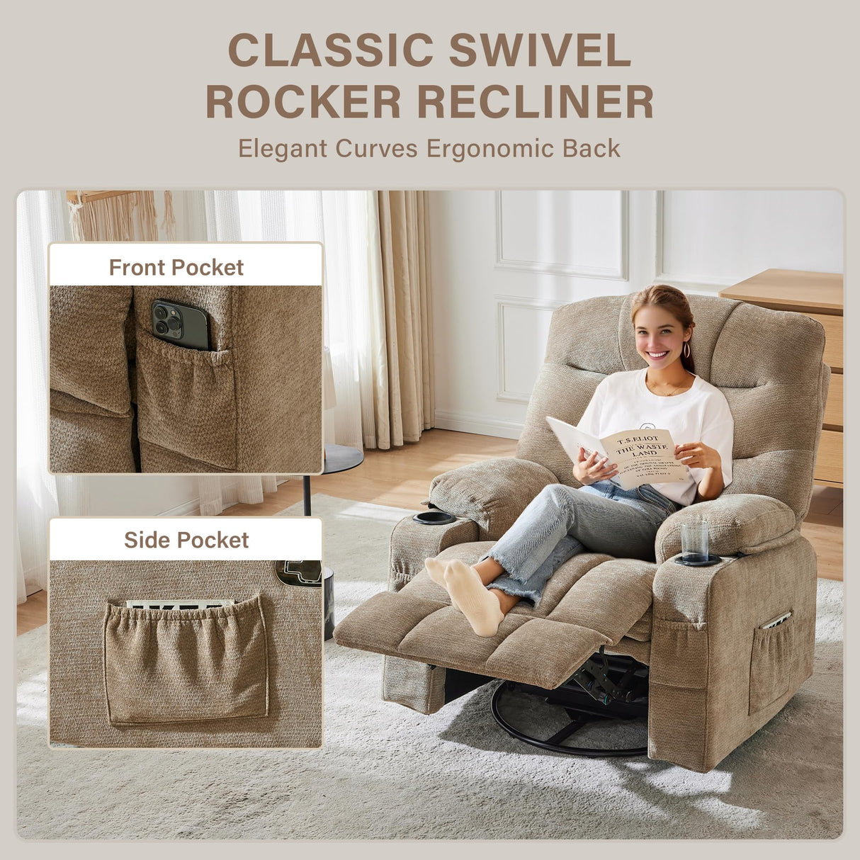 Hicosit Manual 360°Swivel Rocker Recliner Chair,Single Recliner Seat with Cup Holders,Recliner Chairs for Adults, Upholstered Fabric Lazy Boy Recliner for Bedroom,Living Room,Brown Hicosit