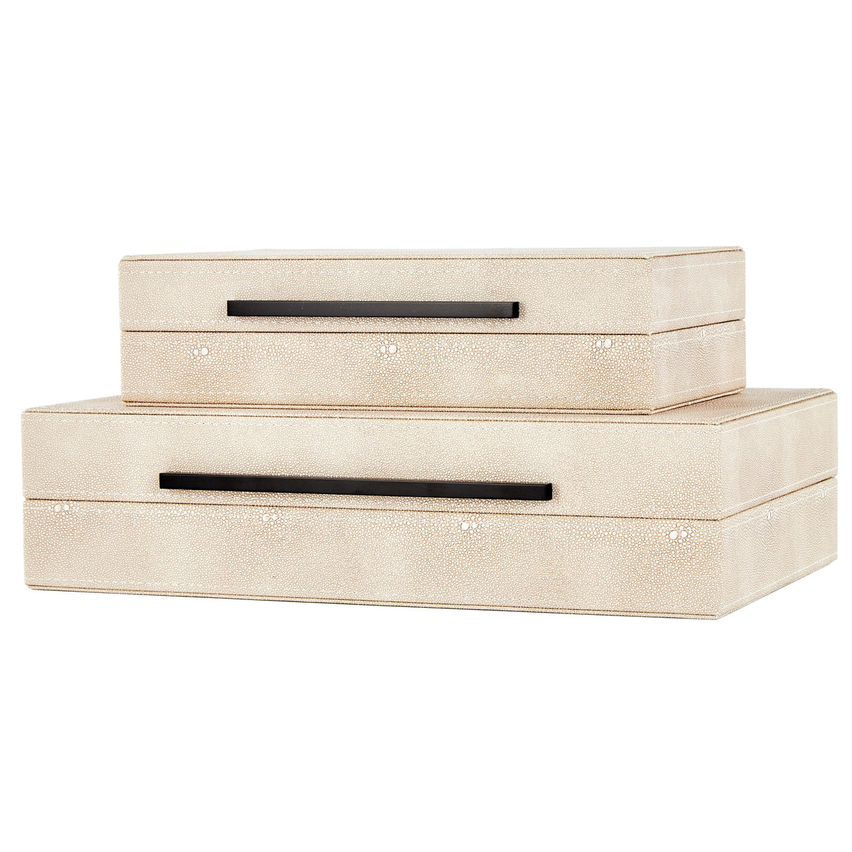 Denique Shagreen Decorative Boxes Set of 2, Leather Jewelry Storage Box Modern Storage Boxes with Lids, Ivory Stacking Boxes with Black Metal Handles Home Organizer Box Denique