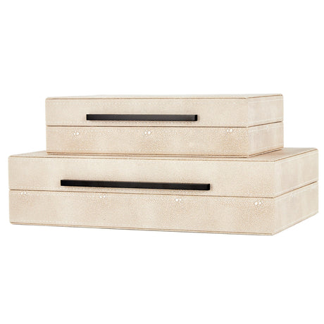 Denique Shagreen Decorative Boxes Set of 2, Leather Jewelry Storage Box Modern Storage Boxes with Lids, Ivory Stacking Boxes with Black Metal Handles Home Organizer Box Denique