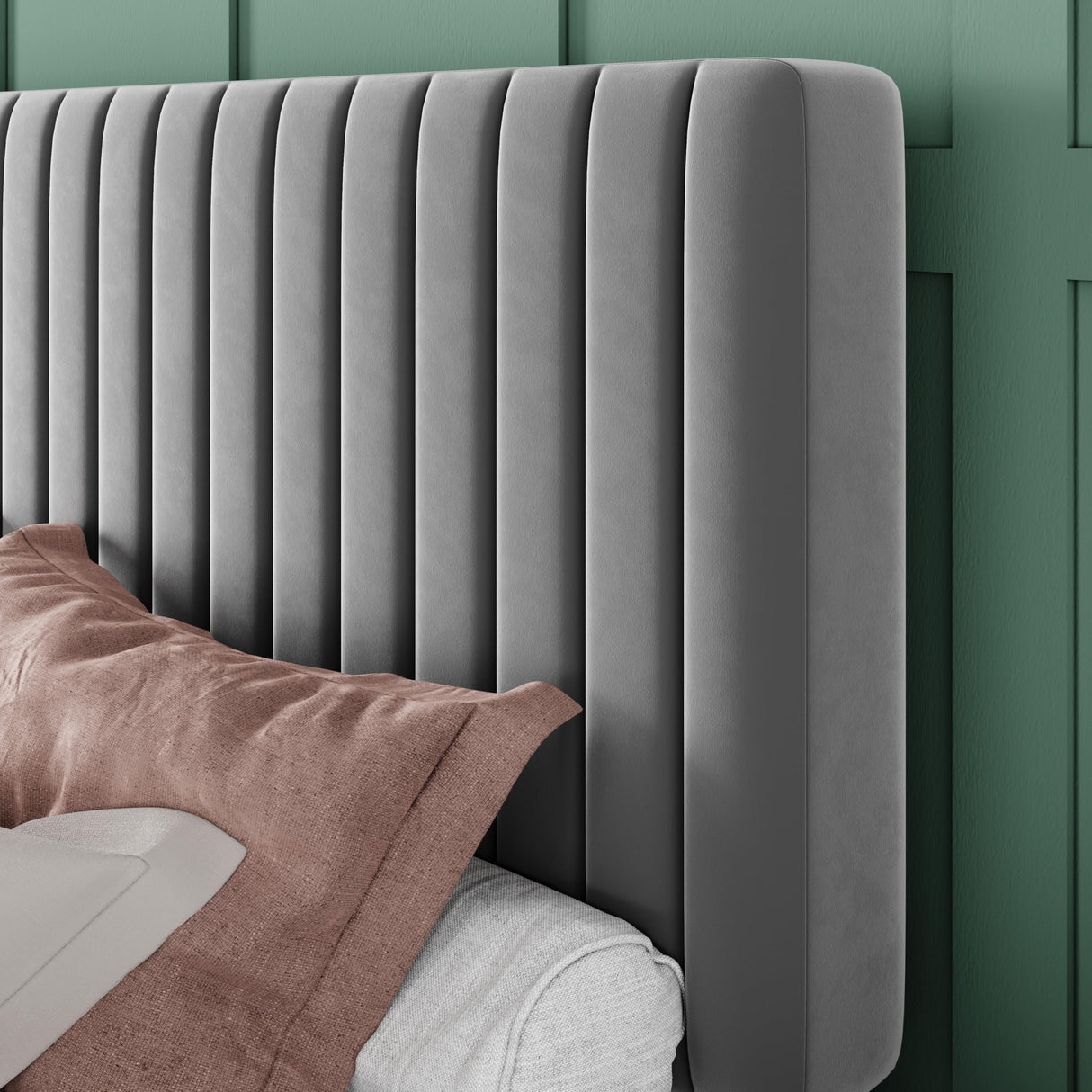 Allewie Full Bed Frame, Velvet Upholstered Platform Bed with Adjustable Vertical Channel Tufted Headboard, Mattress Foundation with Strong Wooden Slats, Box Spring Optional, Easy Assembly, Grey Allewie