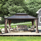 Ulax Furniture 10' x 12' Hardtop Gazebo with Mosquito Net and Privacy Curtain, Outdoor Aluminum Gazebo 2-Tier Hardtop Galvanized Iron Aluminum Frame for Patios, Deck and Lawns Ulax furniture