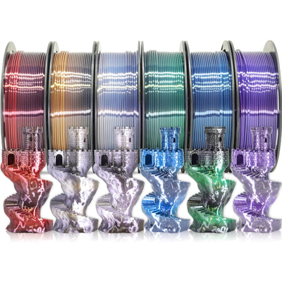 MIKA3D 6 Spools Fast 2 Color Change Silk PLA 3D Printer Filament Bundle, Silk Black Color Change to White/Red/Orange/Blue/Purple/Green, Each Spool 250g, Total 1.5kg Silk PLA Bundle 250g X 6