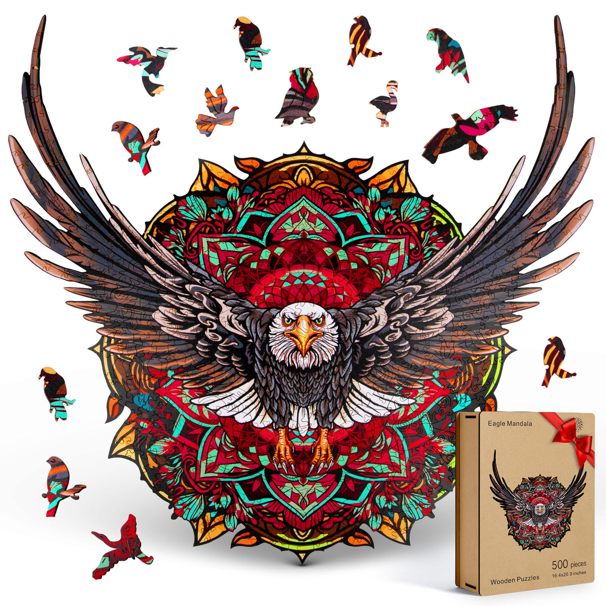 ESTROSO Wooden Puzzles for Adults - Bald Eagle Mandala 500 Piece Wooden Jigsaw Puzzle - 20.9x16.4 Inches - Giftable Wooden Box and Carrying Bag - Challenging Wooden Jigsaw Puzzles ESTROSO