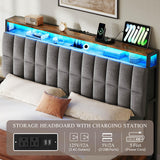 YITAHOME King Size Lift Up Bed Frame with Charging Station & RGB LED Lights, Linen Upholstered Storage Headboard Bed, Heavy Duty Wooden Slats, No Box Spring Needed, Noise Free, Rustic Brown and Grey YITAHOME