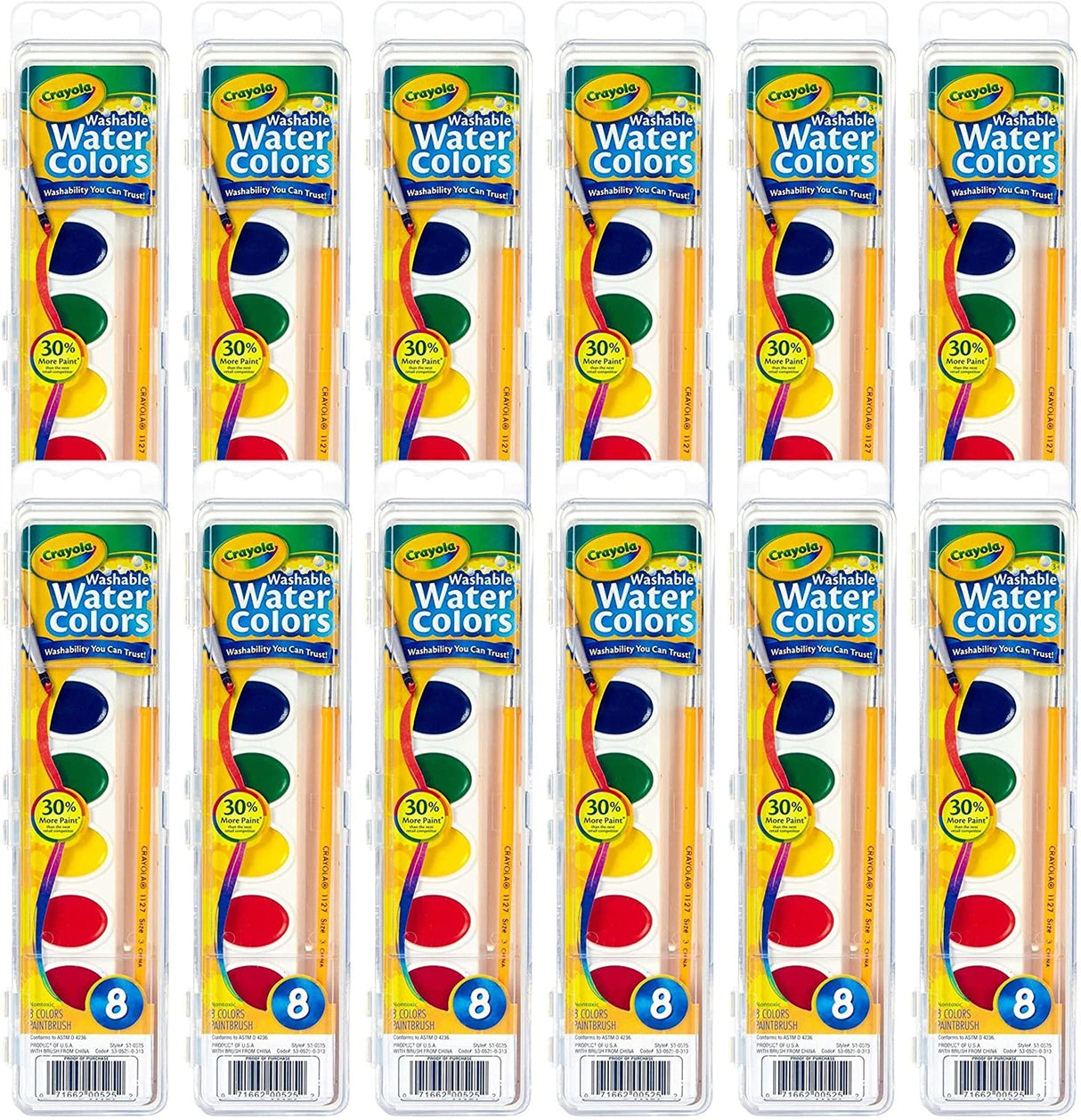 Crayola Washable Watercolor Paint Sets for Kids (12ct), Bulk Arts & Crafts Supplies, 8 Paint Colors, Brush Included, Easter Basket Stuffers & Gifts Crayola