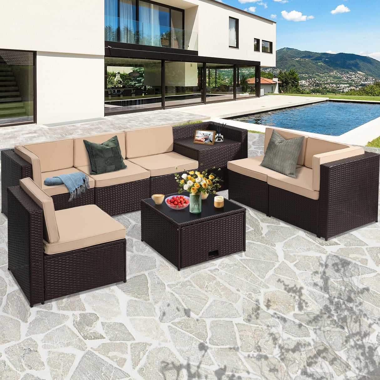 KROFEM 8 Pieces Outdoor Wicker Rattan Patio Furniture Sectional Set, Glass Top Table with Hidden Storage, 7 Sofa Sections, Oversized Cushions, Brown Color Rattan with Beige Cushion KROFEM