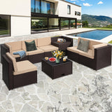KROFEM 8 Pieces Outdoor Wicker Rattan Patio Furniture Sectional Set, Glass Top Table with Hidden Storage, 7 Sofa Sections, Oversized Cushions, Brown Color Rattan with Beige Cushion KROFEM