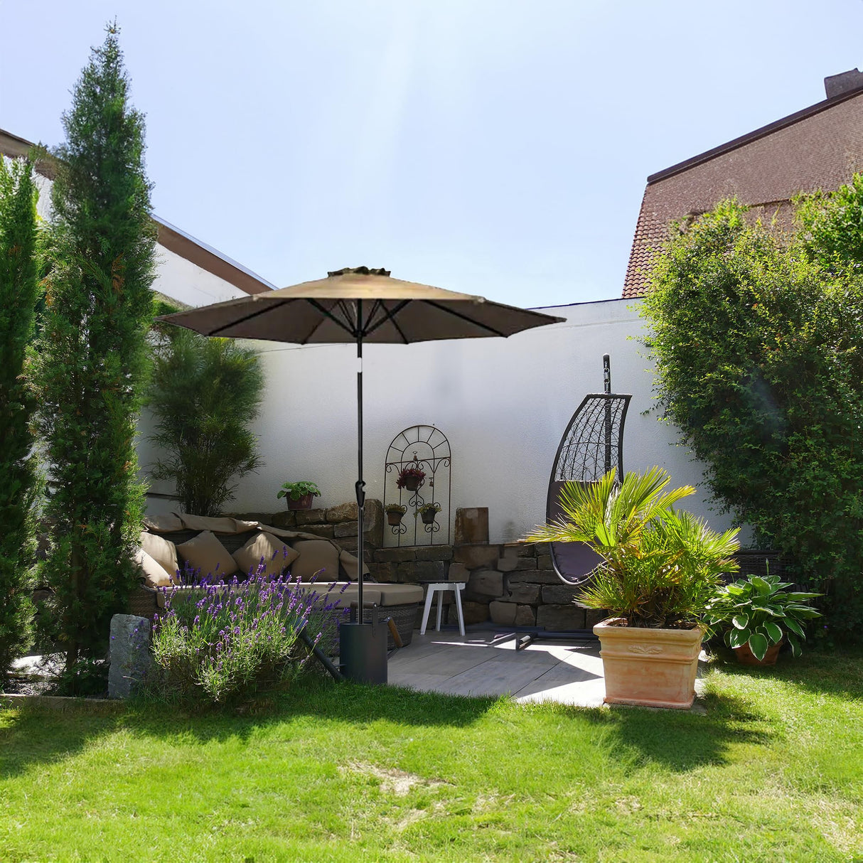 Four Seasons Courtyard 9 Foot Patio Market Umbrella Round Polyester Fabric Outdoor Backyard Shaded Canopy with Crank Lift and Auto Tilt, Taupe Four Seasons Courtyard