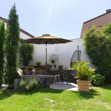 Four Seasons Courtyard 9 Foot Patio Market Umbrella Round Polyester Fabric Outdoor Backyard Shaded Canopy with Crank Lift and Auto Tilt, Taupe Four Seasons Courtyard