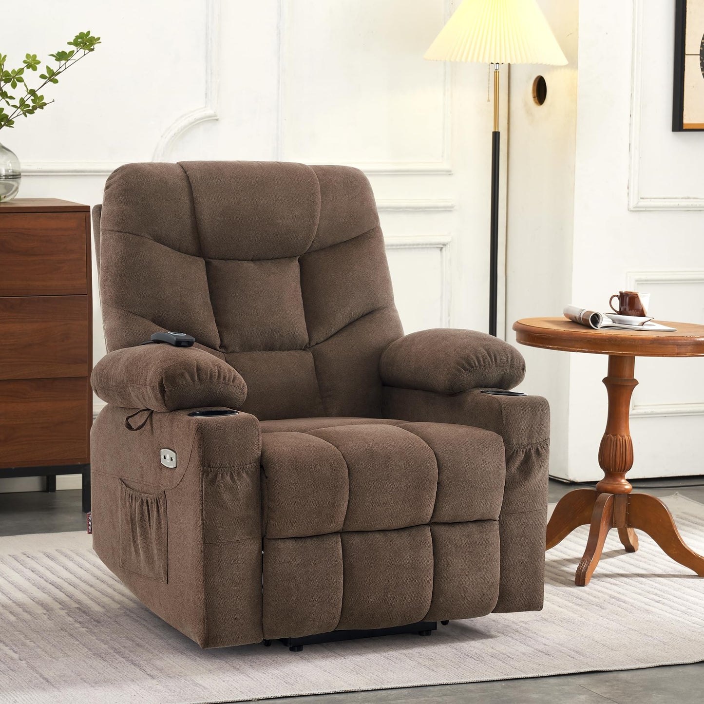 MCombo Power Lift Recliner Chair with Extended Footrest for Elderly People, Fabric 7287 (Brown, Medium-Regular)