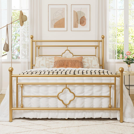 Allewie Full Size Metal Platform Bed Frame with Victorian Vintage Headboard and Footboard/Mattress Foundation/Under Bed Storage/No Box Spring Needed/Noise-Free/Easy Assembly, Gold Allewie