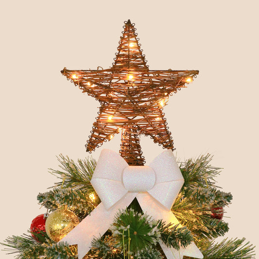 Christmas Tree Topper,Lighted Rattan Star Tree Topper with 15 LED Lights for Christmas Tree and Holiday Seasonal Decoration (Thin)