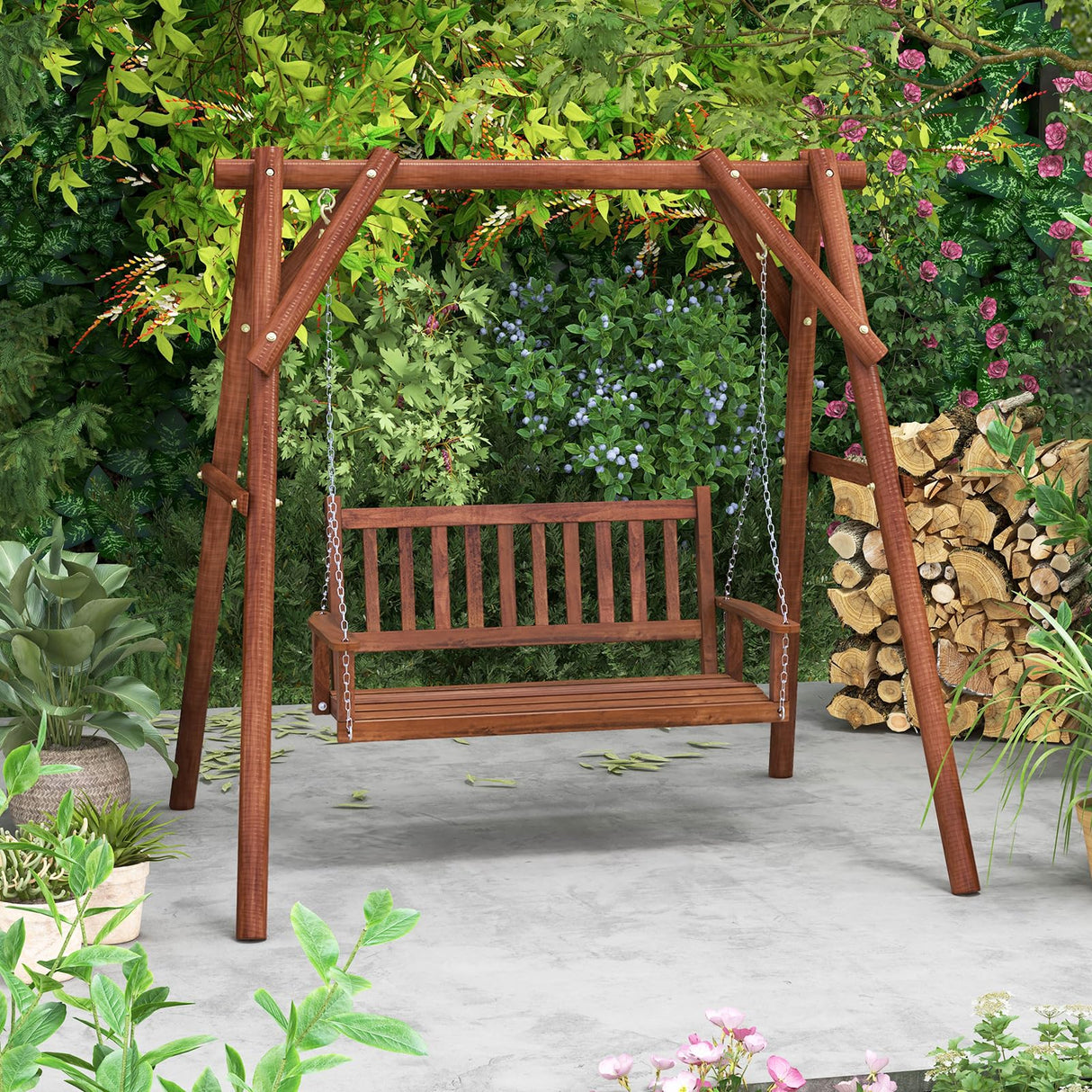 HAPPYGRILL 2-Person Wooden Outdoor Porch Swing, Heavy Duty Patio Hanging Bench Chair with 500 LBS Weight Capacity, 5.6 FT Adjustable Upper Chains, Slatted Back, Swing Bench for Garden, Backyard HAPPYGRILL