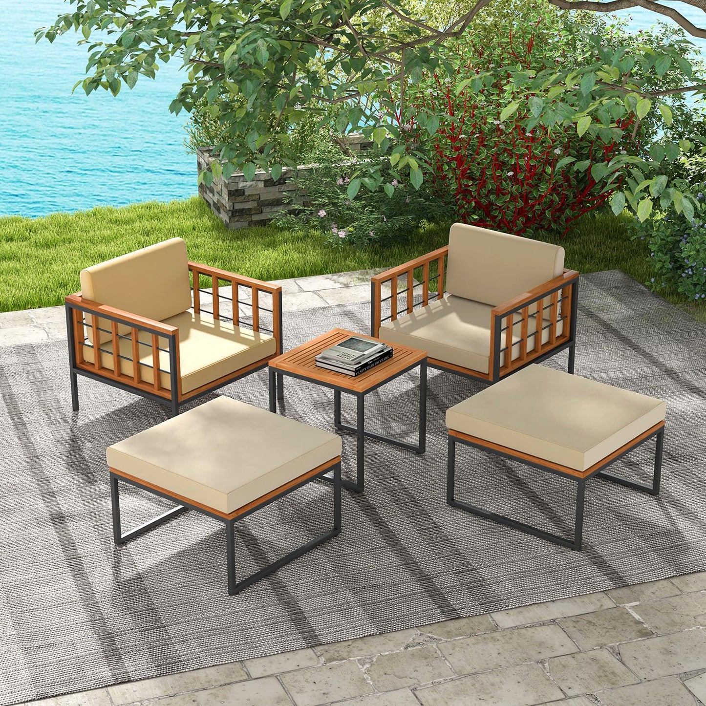 Tangkula 5 Pieces Acacia Wood Patio Furniture Set with Ottomans, Outdoor Conversation Set with Soft Cushions and Coffee Table for Poolside, Garden, Balcony and Backyard (Beige) - WoodArtSupply