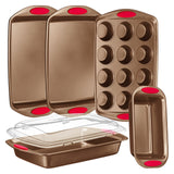 NutriChef 5-Piece Baking Pan Set - Carbon Steel Stackable Bakeware with Red Silicone Handles & Nonstick Coating, Includes Cookie Sheets, Roaster Pan with Lid, Loaf Pan, and 12 Cup Muffin Pan (Gold) NutriChef