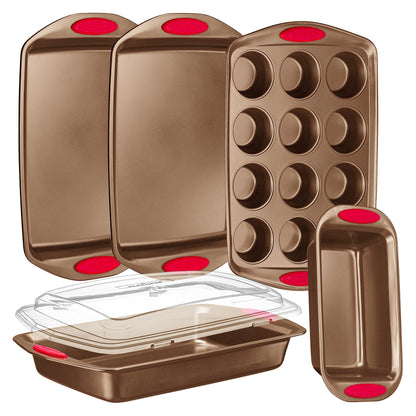 NutriChef 5-Piece Baking Pan Set - Carbon Steel Stackable Bakeware with Red Silicone Handles & Nonstick Coating, Includes Cookie Sheets, Roaster Pan with Lid, Loaf Pan, and 12 Cup Muffin Pan (Gold)