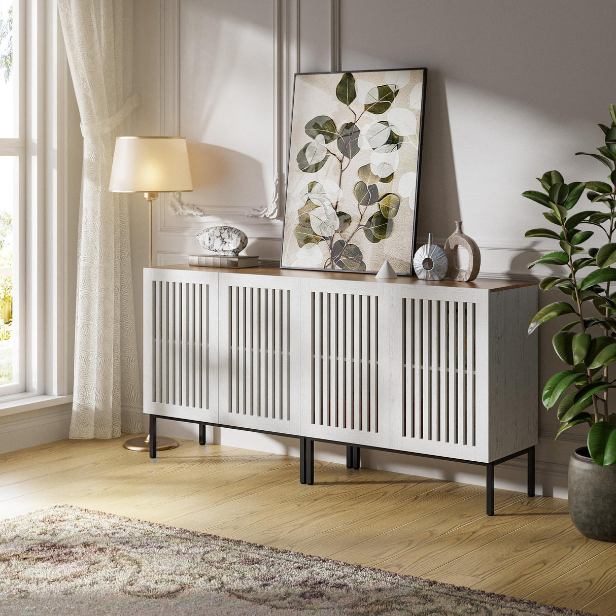 BVIUNTWO Farmhouse Buffet Cabinet with Storage, 63" Metal Base Console Table with Adjustable Shelves & 4 Doors, Antique White Sideboard for Kitchen, Dining Room, Living Room BVIUNTWO