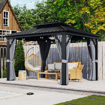 Aoxun 10'x12' Hardtop Gazebo, Aluminum Frame Canopy with Double Galvanized Steel Roof, Outdoor Metal Pavilion with Netting, Curtains for Backyard, Patio and Deck